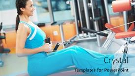  Presentation with club training - Theme having woman with training equipment at fitness club gym doing exercises for back muscles background and a teal colored foreground