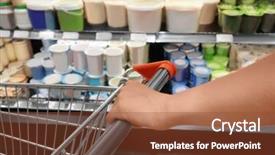  Presentation with supermarket trolley - Cool new PPT layouts with woman with trolley choosing milk backdrop and a tawny brown colored foreground