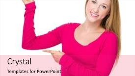  Presentation with finger point - Theme consisting of woman with two finger point up background and a red colored foreground