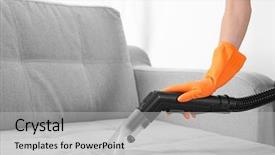  Presentation with cleaning - Amazing presentation theme having woman with vacuum cleaner cleaning backdrop and a light gray colored foreground