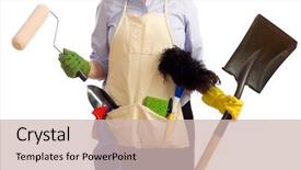  Presentation with garden tools - Presentation theme having woman with various spring cleaning background and a soft green colored foreground