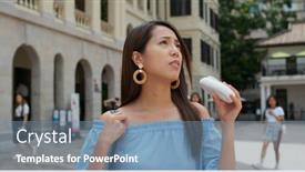  Presentation with weather - Audience pleasing slide set consisting of woman with very hot weather bring a pocket fans at outdoor backdrop and a seafoam green colored foreground