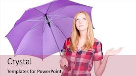 Presentation with umbrella - Presentation design enhanced with woman-with-violet-umbrella background and a coral colored foreground