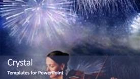 Presentation with fireworks - Presentation theme featuring woman with violin and fireworks background and a ocean colored foreground