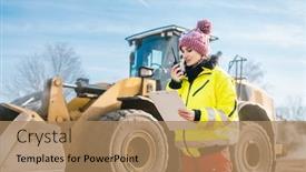  Presentation with wheel loader - Amazing slide deck having woman-with-walkie-talky backdrop and a coral colored foreground