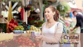 Presentation with market food - Audience pleasing slides consisting of woman with wallet and money backdrop and a coral colored foreground