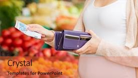  Presentation with food market - Audience pleasing slide deck consisting of woman with wallet and money backdrop and a red colored foreground