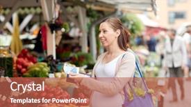  Presentation with food market - PPT theme featuring woman with wallet and money background and a red colored foreground