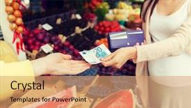  Presentation with market food - Colorful PPT theme enhanced with woman with wallet and money backdrop and a coral colored foreground