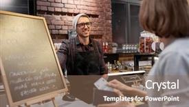  Presentation with concept illustration of customer service - Audience pleasing PPT theme consisting of woman with wallet paying money backdrop and a violet colored foreground