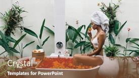  Presentation with bali - Amazing presentation design having woman with wrapped towel on head is relaxing in outdoor bath with flowers in bali spa hotel backdrop and a red colored foreground