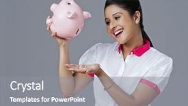  Presentation with piggy bank - Slide set featuring woman withdrawing money from piggy background and a gray colored foreground