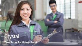  Presentation with manufacturing plant - Amazing presentation design having woman work in motor manufacturing backdrop and a gray colored foreground