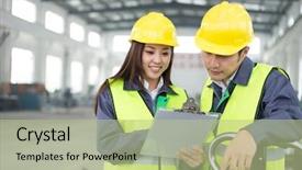  Presentation with manufacturing - Presentation design with woman work in motor background and a mint green colored foreground