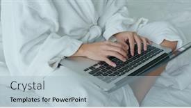  Presentation with computer room - PPT theme having woman-work-on-laptop-computer background and a light blue colored foreground