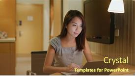  Presentation with hotel - Cool new theme with woman-work-on-laptop-computer backdrop and a tawny brown colored foreground