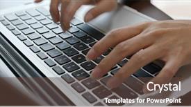  Presentation with notebook - Colorful presentation design enhanced with woman work on notebook computer backdrop and a tawny brown colored foreground
