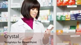  Presentation with drug - Colorful PPT theme enhanced with woman worker in drug store backdrop and a coral colored foreground