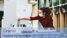  Presentation with face mask - Beautiful slide deck featuring woman-worker-in-face-mask backdrop and a light blue colored foreground