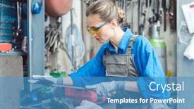  Presentation with insulation worker harassment workplace - Slide deck featuring woman worker in metal workshop deburring workpiece using a file background and a teal colored foreground