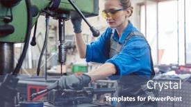  Presentation with drill - Beautiful slide deck featuring woman-worker-in-metal-workshop backdrop and a  colored foreground