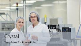  Presentation with company - Beautiful slide deck featuring woman worker in pharmacy company warehouse backdrop and a light gray colored foreground