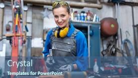  Presentation with workshop - Amazing theme having woman-worker-marking-workpiece backdrop and a ocean colored foreground