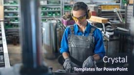  Presentation with factory machine - Slides enhanced with woman-worker-operating-a-machine background and a tawny brown colored foreground