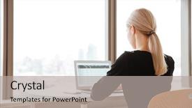  Presentation with photo - Colorful presentation theme enhanced with woman worker sitting in office backdrop and a light gray colored foreground