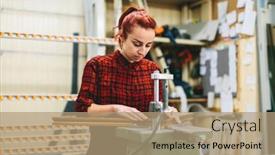  Presentation with glue - Cool new PPT theme with woman-worker-sticking-together backdrop and a coral colored foreground
