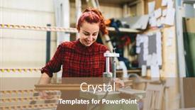  Presentation with glue - PPT layouts with woman-worker-sticking-together background and a coral colored foreground