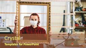  Presentation with face mask - PPT theme consisting of woman-worker-with-face-mask background and a tawny brown colored foreground