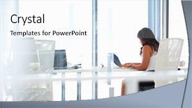  Presentation with alone - Cool new PPT theme with woman working alone backdrop and a sky blue colored foreground