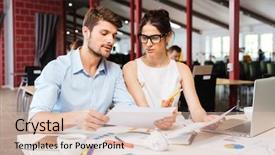  Presentation with business report - Amazing slides having woman working and making report backdrop and a lemonade colored foreground