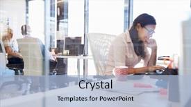  Presentation with computer evolution - Slide set featuring woman working at computer background and a light blue colored foreground