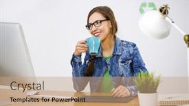 Presentation with woman office desk - Presentation design enhanced with woman working at desk in a creative office holding a cup background and a coral colored foreground