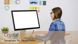  Presentation with woman office desk - Cool new PPT layouts with woman working at desk in a creative office using a computer backdrop and a coral colored foreground