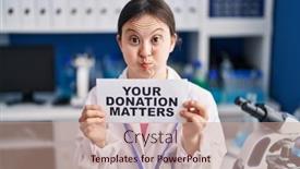  Presentation with donation - PPT layouts consisting of woman-working-at-scientist-laboratory background and a coral colored foreground