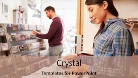  Presentation with record - Slide deck having woman working behind the counter at a record shop background and a coral colored foreground