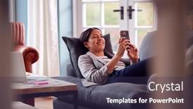  Presentation with mobile home - PPT theme having woman-working-from-home-taking background and a tawny brown colored foreground