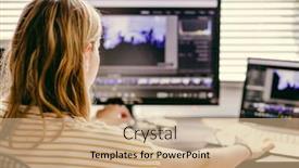  Presentation with blogger - PPT theme enhanced with woman-working-in-a-home background and a coral colored foreground