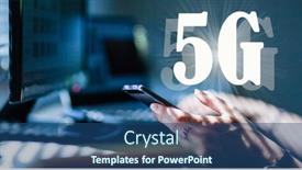  Presentation with home office - Audience pleasing PPT theme consisting of woman working in an office or home office using 5g technology - hand holding smartphone laptop and monitor in the background backdrop and a ocean colored foreground