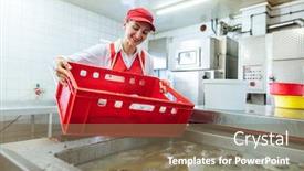  Presentation with water boil - PPT layouts featuring woman-working-in-butchery background and a coral colored foreground