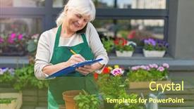  Presentation with working - PPT theme having woman working in florist shop background and a tawny brown colored foreground