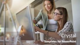  Presentation with desktop - Slides featuring woman working in office on desktop computer background and a violet colored foreground