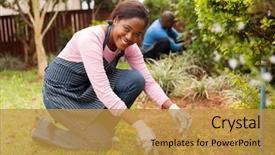  Presentation with soil shovel in the garden - Audience pleasing PPT theme consisting of woman working in the garden backdrop and a gold colored foreground