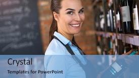  Presentation with wine shop and barrel - Colorful theme enhanced with woman working in wine shop backdrop and a light blue colored foreground