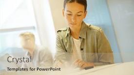  Presentation with next - Amazing PPT layouts having woman working next to colleague in contemporary office backdrop and a soft green colored foreground