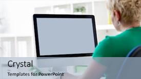  Presentation with computer - Audience pleasing slides consisting of woman working of a computer backdrop and a light blue colored foreground