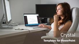  Presentation with home office - Cool new PPT layouts with woman-working-on-a-computer backdrop and a tawny brown colored foreground